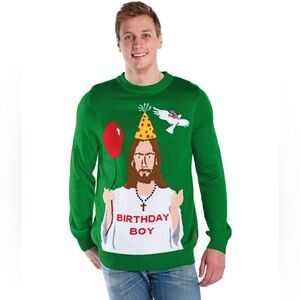 Tipsy Elves Happy Birthday Boy Jesus ugly Christmas Green Sweater unisex Sz L